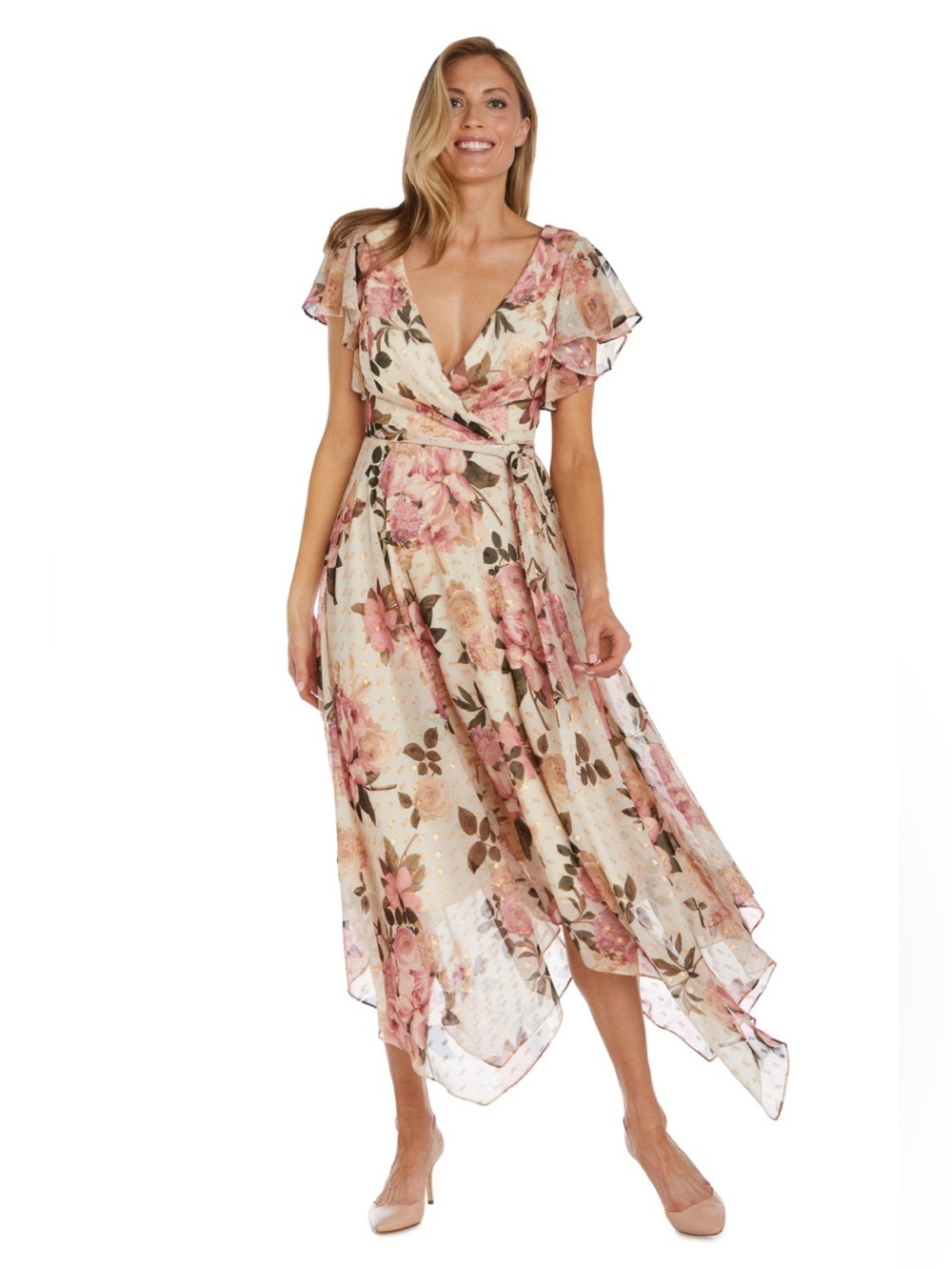 Nightway Dress Womens Size 8 Ivory Floral High Low V-Neck Formal Party